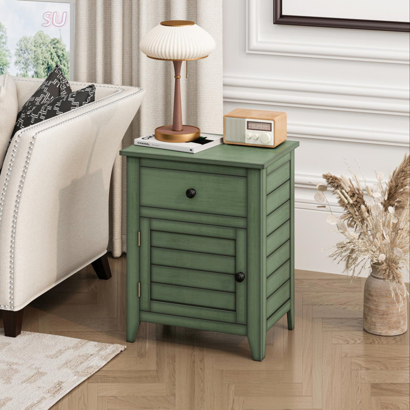 Table de chevet transitionnelle avec tiroir et armoire de rangement, conception compacte pour petits espaces, finition en placage vert antique