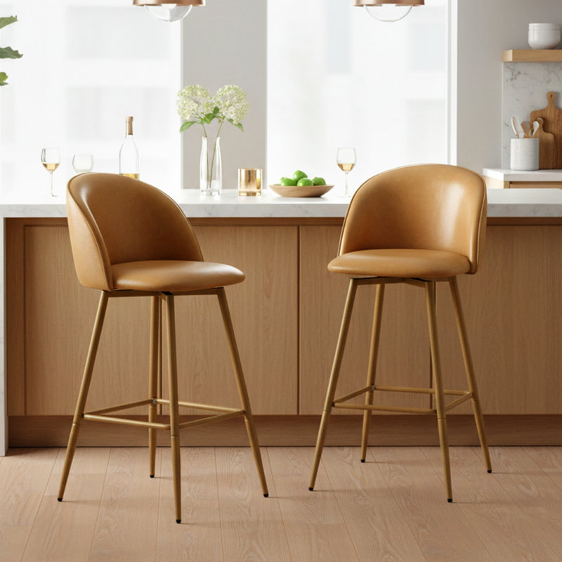Cusick 26" Seat Height Swivel Upholstered Counter Stools Barstool with Backrest Footrest for Kitchen Island Dining Room, Oak