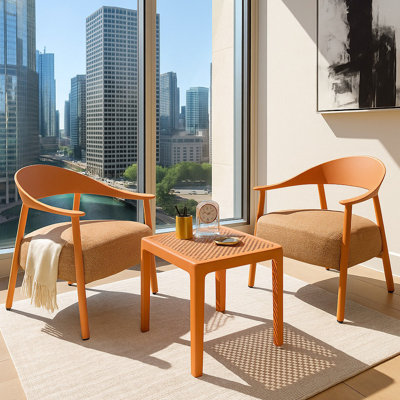 Meuble de patio brun abricot avec 2 chaises et une table, sièges rembourrés, pieds en fer, sièges modernes au design complémentaire, sans couture, assemblage