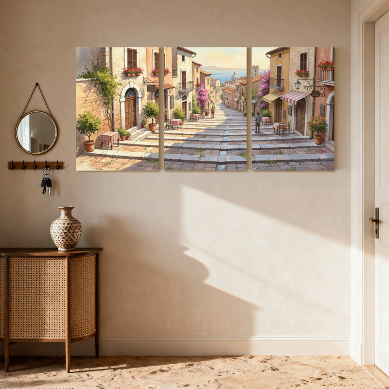 Scénario et paysages urbains ensoleillés, rue méditerranéenne avec fleurs et balcons, ensemble de 3 impressions sur toile
