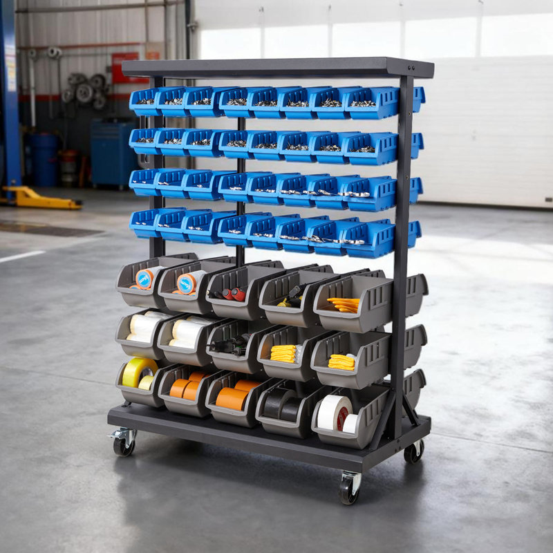Support de rangement à 7 étages pour bacs roulants à 7 niveaux, 94 bacs en plastique, organisateur de pièces à double face avec roues, organisateur d'outil mobile pour garage, entrepôt, bureau, restaurant, salle de classe, cuisine