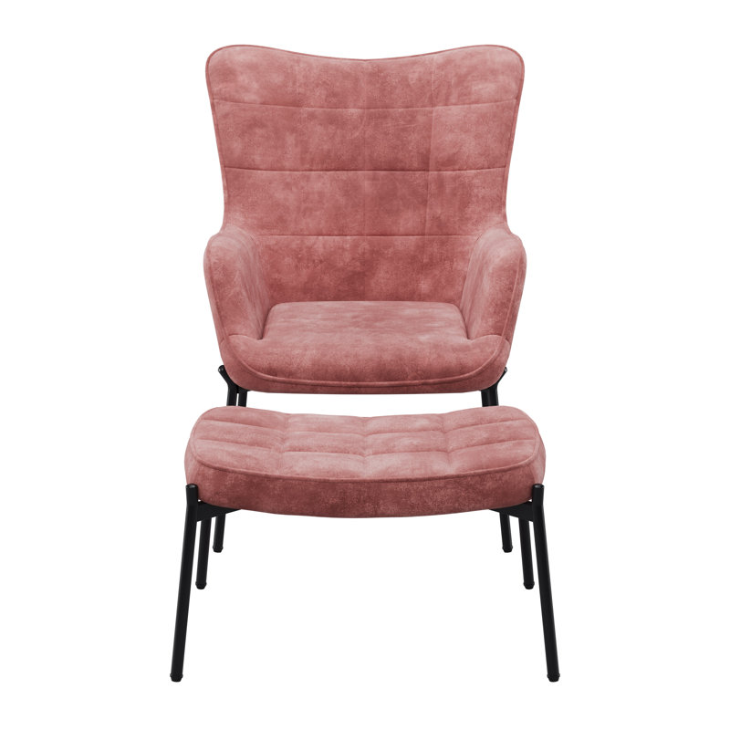Velvet Armchair with Ottoman, Pink Salmon Velvet