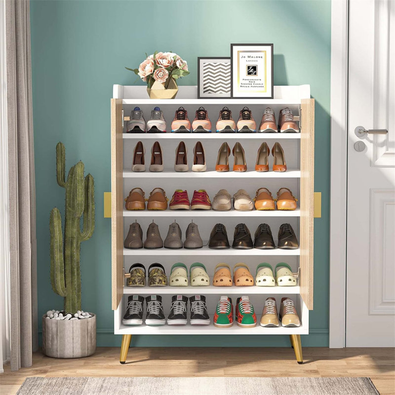 Range-chaussures en bois 29,6 po avec portes, rangement à 7 niveaux pour les entrées modernes et les petits espaces