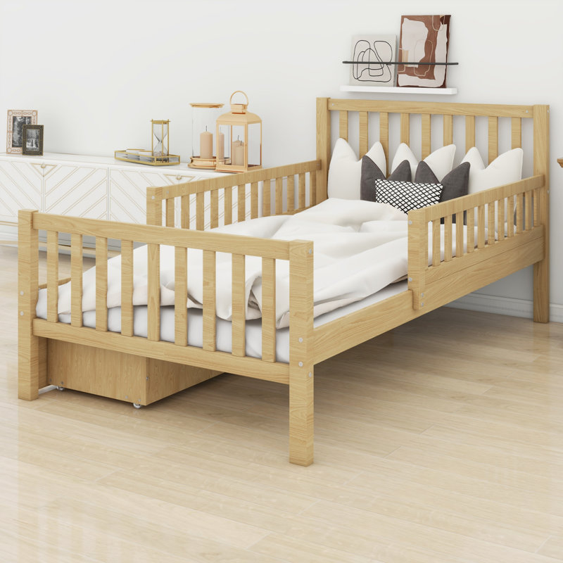 Structure de lit plateforme classique en bois avec garde-corps et 2 tiroirs de rangement, Lit simple