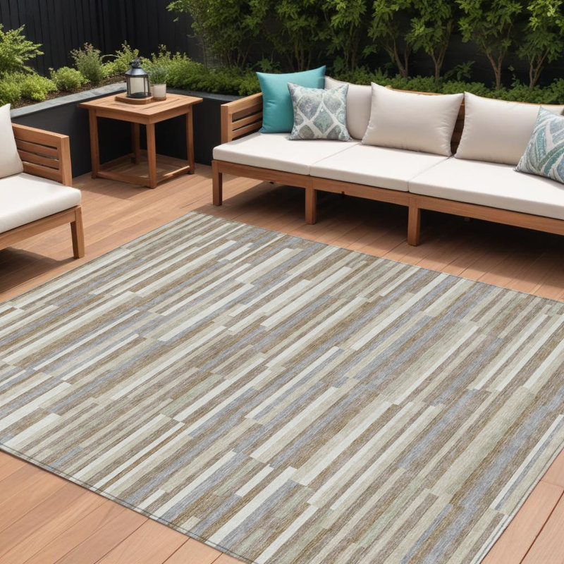 Tapis extérieur lavable rayé taupe 9 pi x 12 pi gris et ivoire