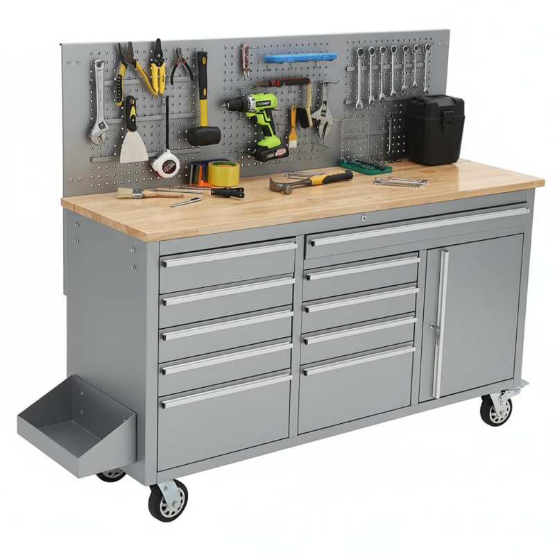 61-inch Rolling Tool Chest, 10 Drawers Garage Workbench Storage Tool Cabinet with Power Strip, Solid Rubber Wood Top, 1675 LBS Load Mobile Workstation, Heavy Duty Rolling Cabinet, Silver