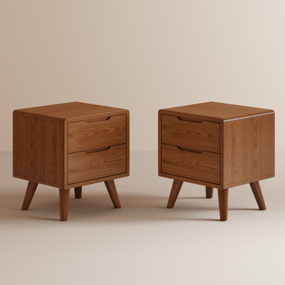 Set Of 2 Mid-Century Modern 2-Drawer Nightstand, Solid Wood Bedroom Bedside Table with Storage