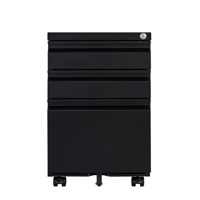 Modern 3 - Drawer Filing Cabinet, Office Storage In Black Metal, 2 Keys For Lockable Drawers, 1 Pencil Tray, Third With Massive Big Items, Removable Hanging Rods, 5 Brakes, Easy To Up Metal Unit,