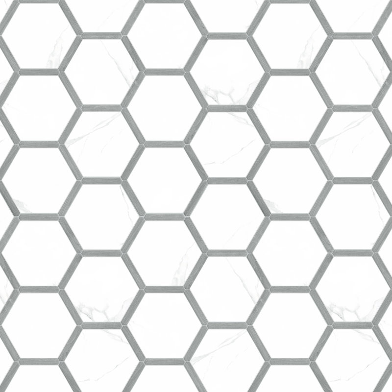Marwood Panal 9" x 10" Porcelain Marble Look Wall & Floor Tile, White/Gray