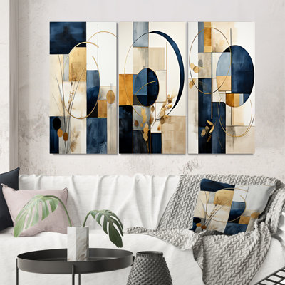 Navy Blue Geometric Wall Art, Modern 3-Piece Set - Organic Simplicity Minimal Geometry Navy Blue III