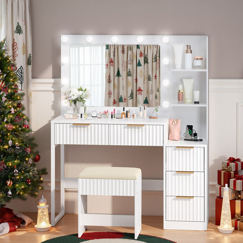 Lighted Vanity Set - 11pcs 3-Color Dimmable Bulbs, 5 Drawer, White