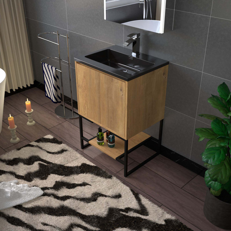 Single Bathroom Vanity, Black, 24", Oak
