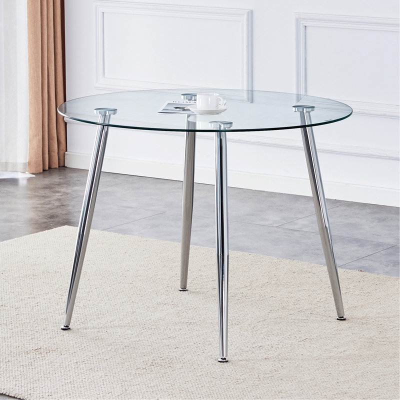 Table de salle à manger ronde avec plateau en verre, Argent argent, H 30 po x L 42 po x l 42 po