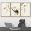 Peinture murale à l'encre de Chine style oiseaux sur une branche d'arbre avec petits fruits jaunes, décoration murale moderne-102297879-102297877