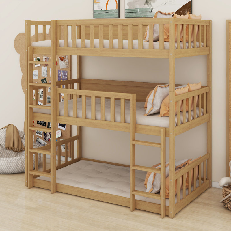 Triple Wood Bunk Bed, With Ladders, Guardrails, White Oak