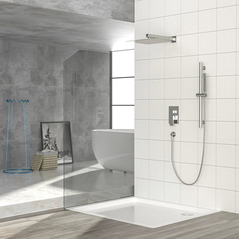 Wall Mounted Matte Black Shower - 12 Inch Square With Adjustable Slide, Rainfall Head, And Handheld Flange System Head Mount, Bar, -Balanced Feature