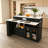 Rotating Expandable Kitchen Island with Built-In Power Station, Walnut Veneer Top, 4 Drawers & Arched Glass Storage Cabinet-129521282