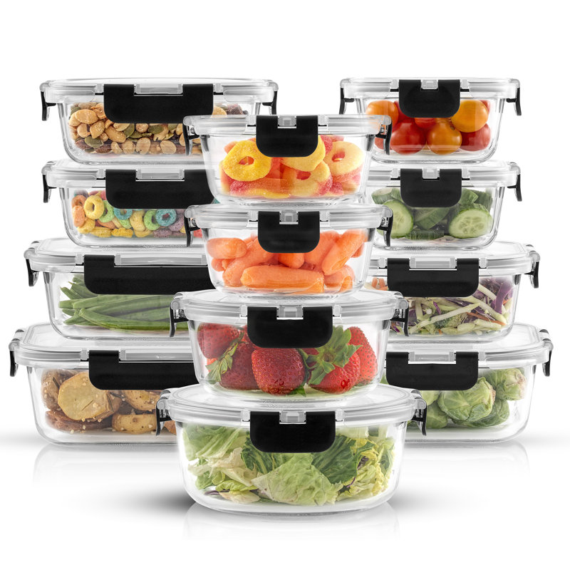 JoyFul 24-Piece Clear and Black Glass Meal Prep Containers Set