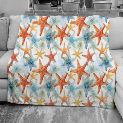 Starfish Blue Orange Machine Printed Throw Blanket