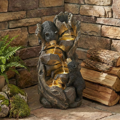 22.98" H 5-Tier Outdoor Water Fountain, Realistic Black Bears Climbing Tree Waterfall Fountains With 4 Led Lights & Adjustable Flow, Resin Garden Water Feature For Farmhouse Patio Yard Deck Decor