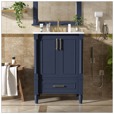 24" Modern Bathroom Vanity with Ornate Motif Design & Soft-Close Hinges, Bathroom Cabinet with Drawer and Back Open Structure