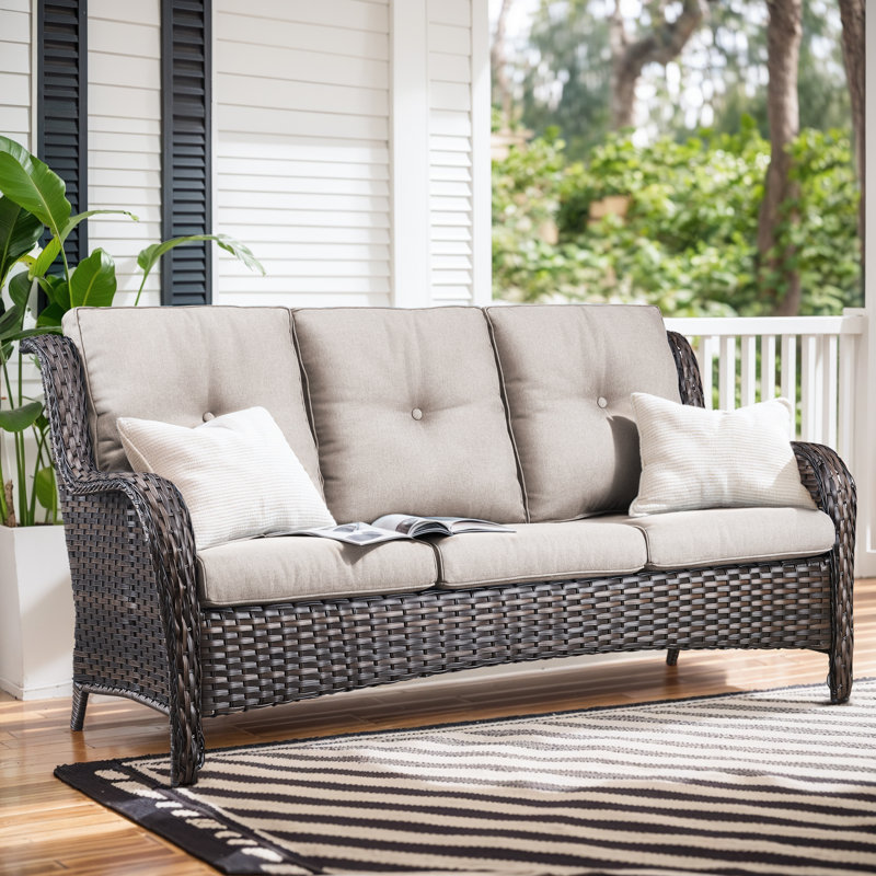 Wendye 3-Seat Outdoor Durable Sofa With Olefin Cushions, All-Weather PE Wicker, Beige, Brown