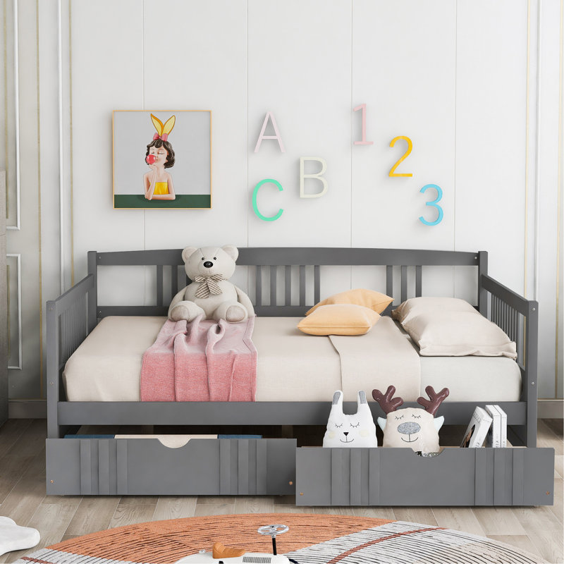 Lit de jour avec deux tiroirs en bois massif - Gris pour une chambre à coucher confortable Tiroirs pleine grandeur, améliorant la fonctionnalité de la pièce