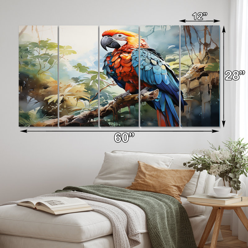 Tropical Parrot Plumage II - animaux, reproduction sur toile - 5 panneaux égaux