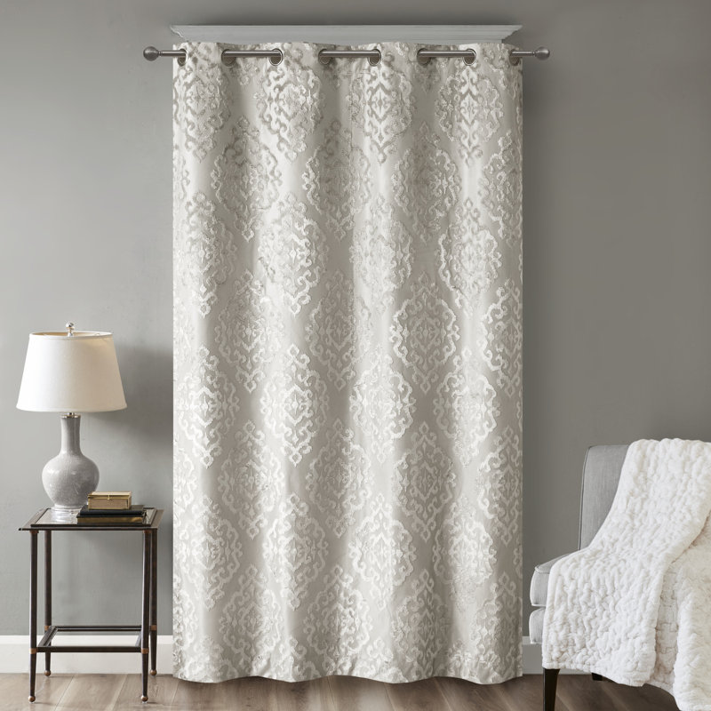 Mirage Damask Total Blackout Thermal Grommet Single Curtain Panel, 50" W x 84" L, Silver