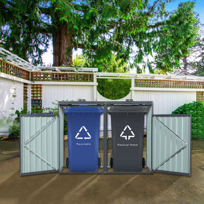 La poubelle contient 2 poubelles en métal pour le rangement des ordures, en acier inoxydable galvanisé, une remise pour la cour de jardin