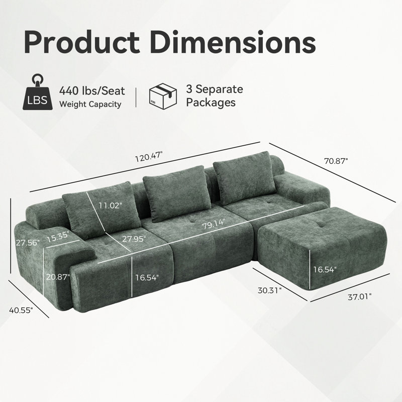 120.5" Oversized Boneless U-Shaped Modular Walmsley With 1 Ottomans, Chenille Upholstery And Deep Seats, No Assembly Required, Green
