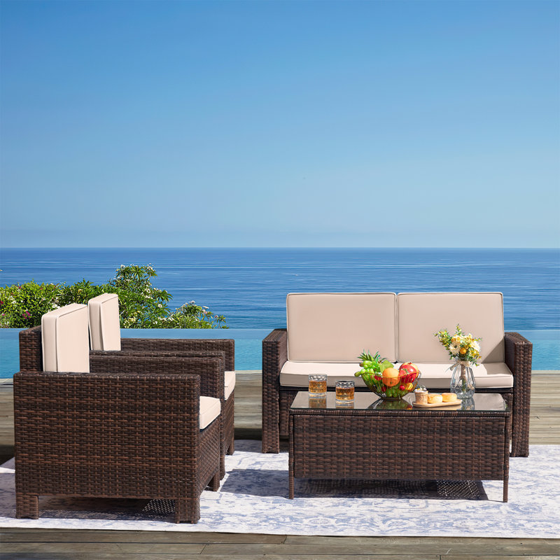 Shamavi 4 - Person Patio Conversation Set with Cushions, Brown Frame/Beige Cushion