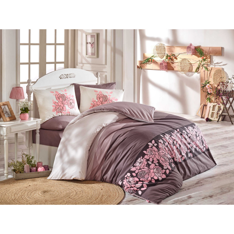 Ensemble de housse de couette 100% coton beige / écru / rose Heffner