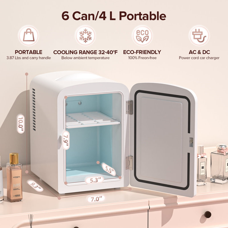 Freon-Free 4L Personal Beauty Fridge: White, With Home & Dc Plugs, Perfect For Dorm Rooms, White