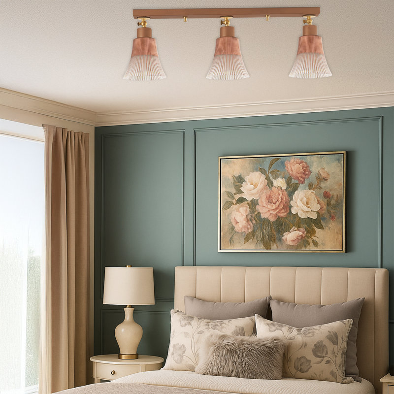3 Lİghts Adjustable Head Wooden Base Glass Cap Semi Flush Mount, Copper