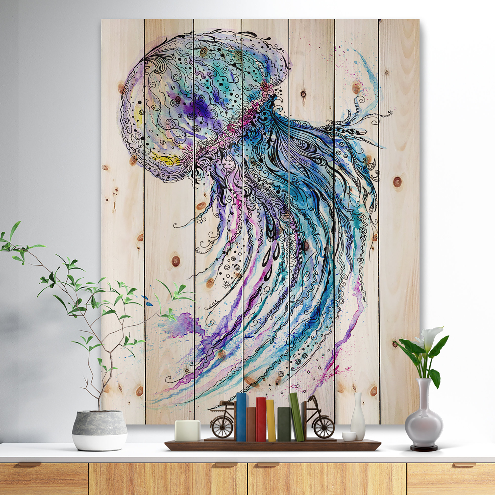 Highland Dunes Jelly Fish Watercolor On Wood Painting