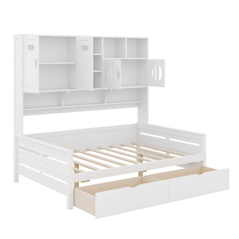 Full Size Wooden Daybed With Drawers, White