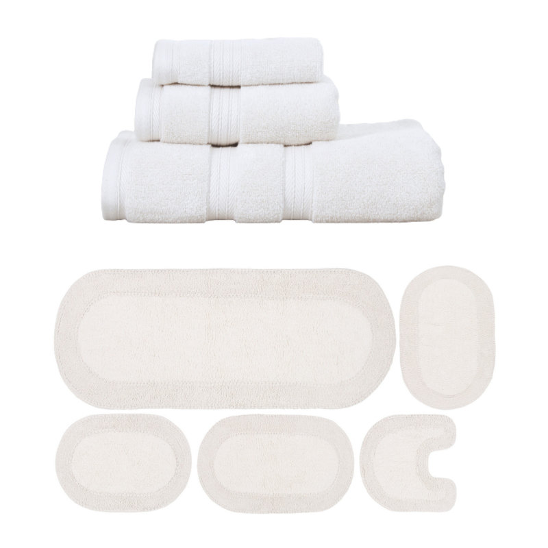 Brunk Collection 100% Soft Cotton 3 Pc Towel Set & 5 Pc Bath Rug Set, (Set of 8), Ivory