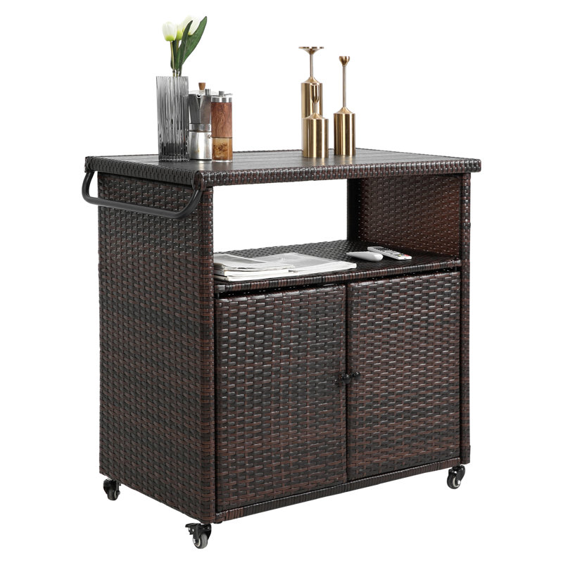 Outdoor Wicker Bar Cart, Patio Wine Serving Cart W/Wheels , Rolling Rattan Beverage Bar Counter Table Plastic Wood Top For Porch Backyard Garden Poolside Party, Light Brown