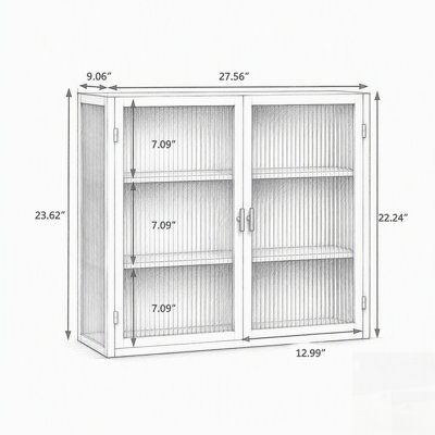 Modern Two-Door Wall Cabinet with Fluted Glass Doors and Three-Tier Storage, Entryway, Living Room, Bathroom, or Dining Room
