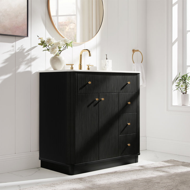 Meuble-lavabo cannelé 35,8 po, évier intégré en céramique, 3 tiroirs et armoire de plancher réglable, Black