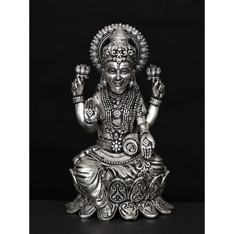 Statue de petite déesse bénie Lakshmi de 4 pouces en laiton plaqué argent