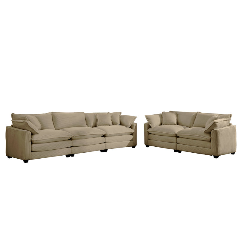 Ensemble de canapé de salon en tissu moderne deux pièces, deux canapés 2 places avec grand fauteuil inclinable à 8 coussins, tissu velours côtelé brun clair