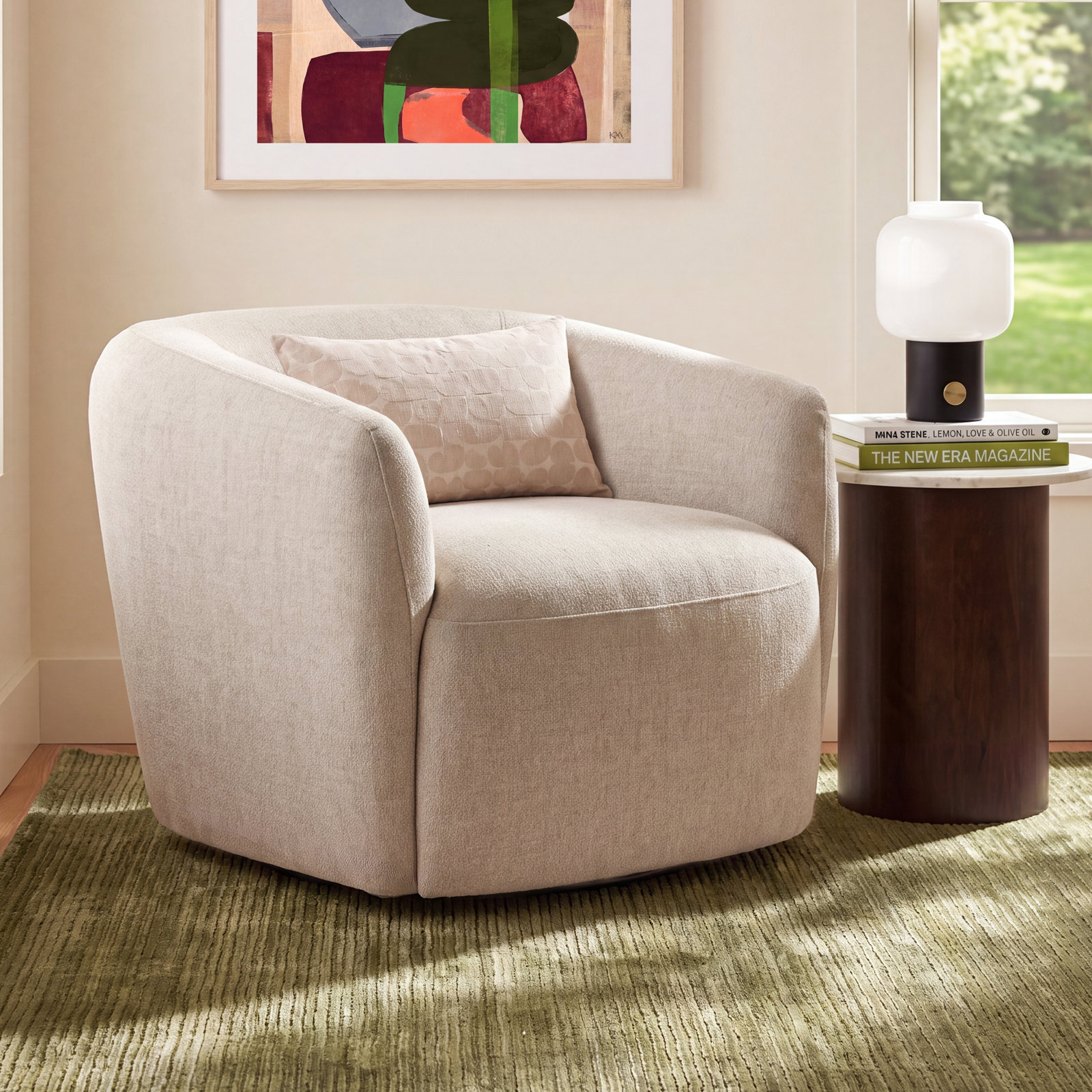 Jeremiah Pine Swivel Armchair, Magnolia Sand Tweed