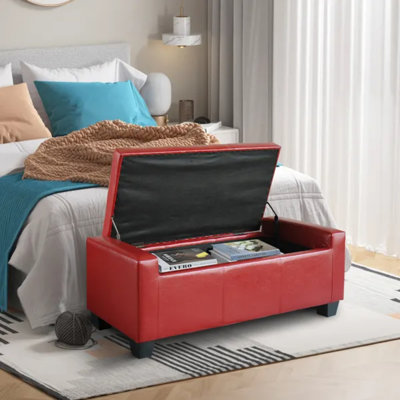 Tufted Storage Ottoman Bench, 50.5" Faux Leather, Rectangular, Bright Red, Space-Saving for Living Room, Entryway