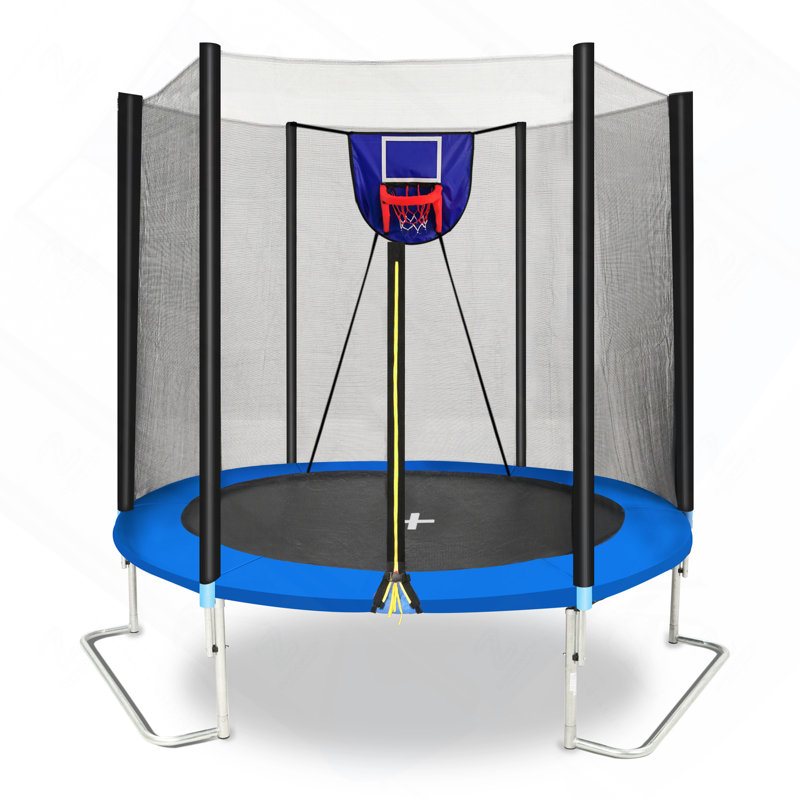 Trampoline extérieure de 2,4 m avec filet de sécurité, panneau de basket souple, ballon et gonfleur, bleu