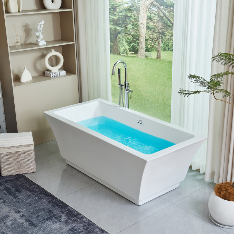 67'' x 31'' Freestanding Soaking Acrylic Bathtub, White/Polished Chrome