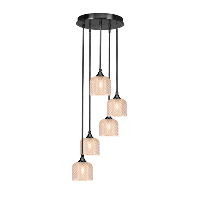 Luminaire suspendu suspendu en grappe 5 lumières Empire au fini noir mat avec verre texturé ambre de 6 po