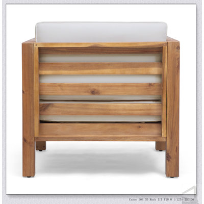 Fauteuil club d'extérieur moderne Mid-Century Oana avec structure en bois d'acacia durable et coussins chagrin confortables