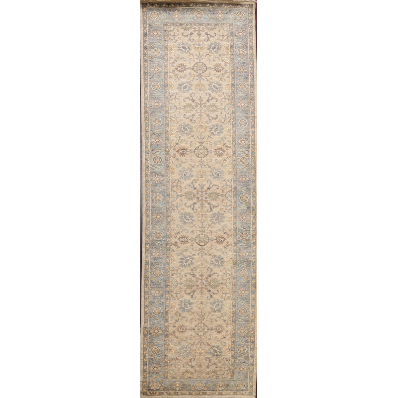 Tapis de couloir unique en laine noué à la main nouvel âge de 2 pi 4 po x 11 pi 4 po bleu clair / ivoire